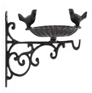 Rustic black wall-mounted bird bath, with two birds on the rim, an ornate bracket, and a <b>deep</b> <b>bowl</b> available at wholesale prices - Product Image 1