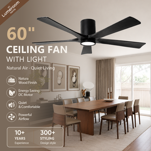 60 Inch Black Ceiling Fan with <b>Light</b>, 5 Solid Wood Blades, Flush Mount, APP & <b>Remote</b> <b>Control</b>, Dimmable LED for Bedroom - Product Image 1