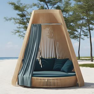 Lit de jour extérieur exquis et moderne en teck avec cadre en acier inoxydable, coussins résistants aux intempéries pour jardin, complexe hôtelier, villa - Product Image 1