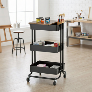 Three-Layer Metal Rolling Storage Cart With Wooden Top Minimalist Design For Home Office Organization - Product Image 3