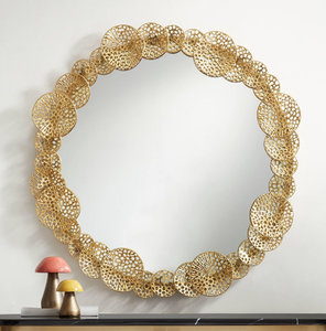 Espejo redondo moderno con marco decorativo dorado, un acento único y elegante, disponible a precios al por mayor. - Product Image 2