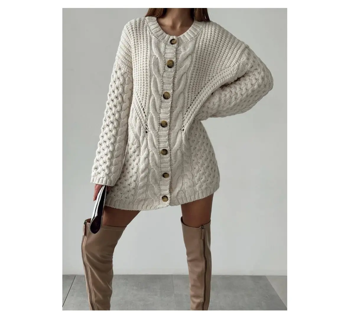 Oversized Long Sleeve Women Long Cardigan Hair Knit Sweater Crew Neck Tunic Dropped Shoulder Knit Dress Vintage Jacket Winter