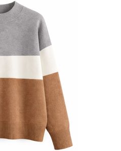 Conjunto de Dos Piezas de Ropa Casual de Invierno para Mujer, Suéter de Punto Colorblock Gris, Blanco y Marrón Personalizado y Pantalones Anchos Marrones - Product Image 4