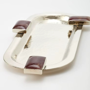 Plateau de service en acier inoxydable avec poignée en pierre de designer, plateau de service fait à la main, passe au lave-vaisselle, vaisselle de cuisine, mariage, restaurant - Product Image 1
