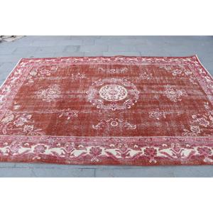 พรมวินเทจ ขนาด 6.2x9.3 ฟุต พรมตุรกีขนาดใหญ่ พรมลายปะติดสีแดงขาว - Product Image 4