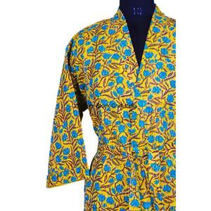 Handmade Kantha Quilted Kimono Jacket Handmade Indian Pure Cotton Floral Print Women Long Robe Summer Style - Product Image 4