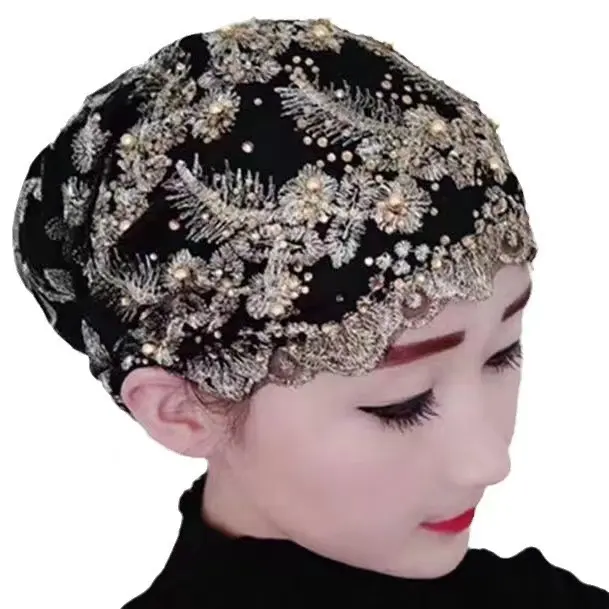 Yiwu Muqian Trading Firm Sombrero de plumas de hermoso diseño para mujeres musulmanas Bufanda de moda Sombrero Diamante bufanda de cabeza completa sombrero