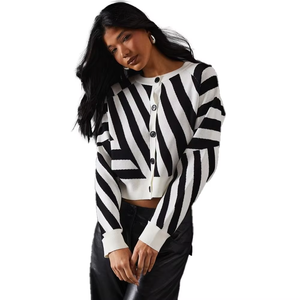 Cardigan décontracté à boutons en broderie unie noir et blanc tendance, de haute qualité, confortable, séchage rapide, respirant, automne-hiver, tricot pour femmes - Product Image 2