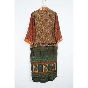 Handmade Luxury Long <b>Silk</b> Sari <b>Kimono</b> Women V-Neck Drawstring Full-Length Patchwork Robe Breathable Soft Elegant Quick Dry One - Product Image 5