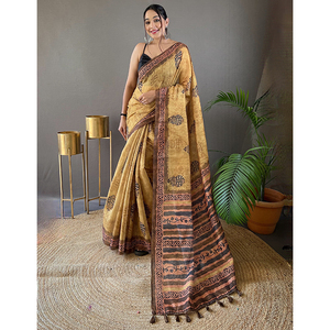 Nouveau design de qualité supérieure en pur coton doux et élégant Tussar Saree indien imprimé en soie avec glands attachés pour les femmes d'Inde - Product Image 1