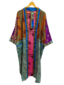 Túnica India Floral Seda Sari Kimono Vintage Sari Robe Suave Playa Fiesta Vestido Indio Hecho A Mano Seda Kimono - Product Image 4