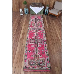 พรมตุรกีวินเทจ ขนาด 2.6x11.5 ฟุต พรมขนาดเล็ก สีชมพูเขียว ลายเรขาคณิต - Product Image 1