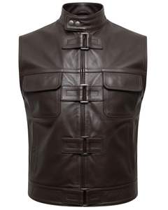 Gilet de motard en cuir véritable noir de qualité supérieure pour homme, sans manches, col montant, sans manches, avec fermeture éclair sur le devant et fermeture à boucle - Product Image 1