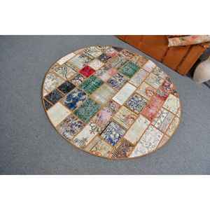 Alfombra Turca Redonda Vintage de 4.5x4.5 pies, Alfombra de Lana Azul - Product Image 3