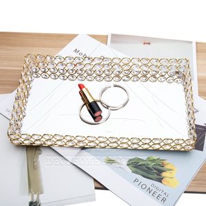 Luxury Gold Crystal <b>Mirrored</b> Vanity Tray Decorative Metal Glass Makeup Jewelry Organizer <b>Rectangular</b> Serving Perfume Tray Bulk - Product Image 2