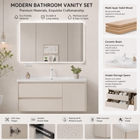 Meuble de salle de bain mural en bois massif de noyer, style nordique combiné, multi-niveaux, avec vasque en céramique intégrée et miroir inclus