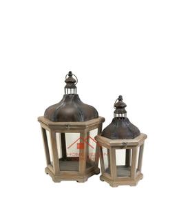 Décoration traditionnelle à prix raisonnable pour l'exportation depuis l'Inde Ensemble de 2 lanternes en bois Photophore Bougeoir - Product Image 1