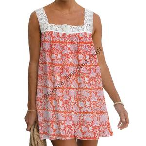 Casual Waist <b>Women's</b> Summer Dress Hand Block Printed Cotton Breathable Ethnic Wear Tunic Lace <b>Top</b> India & Pakistan Clothing Girl - Product Image 2