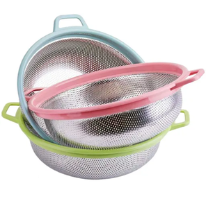 <b>Stainless</b> <b>steel</b> <b>colander</b> set, red and silver, decorative perforated design, pedestal base, with handles available at wholesales - Product Image 5