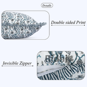 Housse de coussin lombaire RIDHI 20x36 bleu ciel à volants floraux, imprimée à la main, en coton, personnalisable, amovible, lavable, pour décoration intérieure - Product Image 2