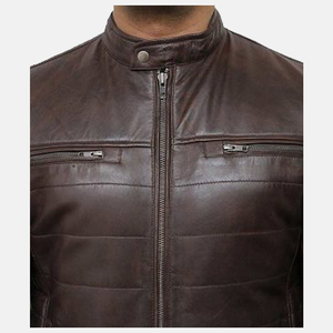 Classic College Style <b>Trucker</b> Leather <b>Jackets</b> Stand Collar Horizontal Stitching Leather <b>Jacket</b> for <b>Men</b> - Product Image 2