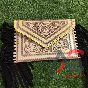Nueva llegada elegante mano Tooled cuero flecos bolsos patrón occidental cuero de vaca real tallado bolsos cruzados mujeres Sling monederos - Product Image 1
