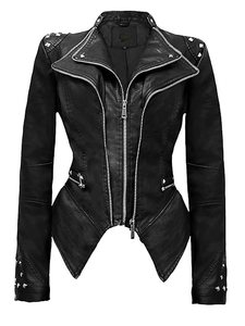 Women's Fashion Faux Leather Biker Jacket Rivet Lapel Shaping Moto Outerwear - Product Image 4