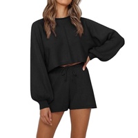 Setelan Sweater Hoodie Wanita Musim Dingin Berpayet Rumbai Berlubang 2-Potong Lengan Panjang Longgar Celana Pendek Tahan Air Bernapas 100%