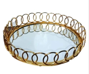 Bandeja redonda de espejo de vidrio con marco de metal dorado, vajilla decorativa para servir, bandeja POPULAR DE LA India - Product Image 6