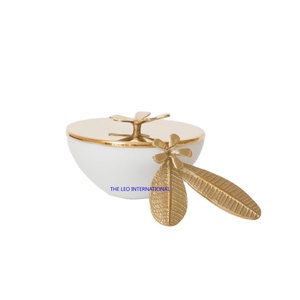 Golden Plated <b>With</b> Flower Leaf Shape Design <b>Lid</b> Decorative <b>Bowl</b> Stainless Steel Brass Metal Home Hotel <b>Bowl</b> - Product Image 1