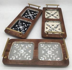 La mayoría de las ventas de madera y madre de perla incrustaciones de lujo plateado Bandejas para servir cuencos placa de carga hecha a mano con mango dorado - Product Image 3