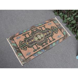 1.5x2.9 ft Turkish Rug, Vintage Small Rug, <b>Brown</b> Green Floral <b>Wool</b> Rug - Product Image 2