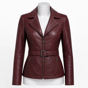 Luxury Women <b>Burgundy</b> <b>Leather</b> Belted <b>Jacket</b> Tailored Slim Fit Asymmetric Zip Notch Lapel Elegant Urban Fashion Custom Outerwear - Product Image 6