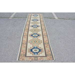 พรมตุรกีวินเทจคลาสสิกสีเบจสีฟ้า3 x 10.2ft พื้นที่ขนาดใหญ่ผ้าขนสัตว์ด้านหลังนามธรรมสำหรับวัยรุ่นรูปสี่เหลี่ยมผืนผ้าการออกแบบห้องโถง - Product Image 1