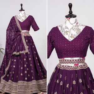 Georgette Lehenga Choli ที่กำลังเป็นที่นิยมมากที่สุด,โชลีปักลายด้วยเข็มขัดและสายรัด - Product Image 4