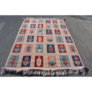 Alfombra turca vintage clásica rojo azul 5,5x7,3 pies área grande lana látex respaldo abstracto para adolescentes rectángulo pasillo diseño - Product Image 1