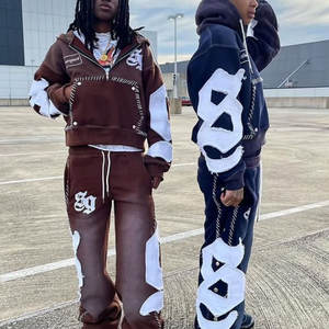 Survêtements de broderie lourds pour hommes sweat-shirt en coton délavé à l'acide ensemble de pantalons de survêtement et de sweat à capuche deux pièces ensembles pour hommes - Product Image 1