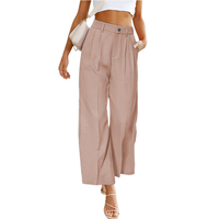 Pantalon large plissé taille haute pour femme, couleur unie, coupe décontractée, longueur cheville, avec poches et braguette boutonnée en coton, idéal pour l'été