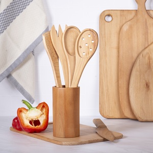 Ensemble d'ustensiles de cuisine en bois naturel de qualité supérieure, 4 pièces, avec support assorti - Kit de cuillères et spatules de cuisine artisanales - Product Image 1
