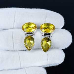 Boucles d'oreilles pendantes uniques en argent sterling 925 massif avec pierres précieuses en citrine jaune, cadeaux d'anniversaire et de Noël - Product Image 1