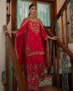 Indien pakistanais rouge mariage porter prêt à l'emploi lourd broderie travail haute qualité Premium Designer Sharara Salwar costume Dupatta ensemble - Product Image 1
