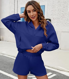 Venta al por mayor transpirable mujeres sudaderas con capucha corto conjunto último estilo de color sólido mujeres sudaderas con capucha corto conjunto - Product Image 2