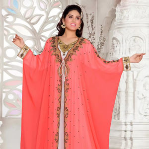 Peach embroidered georgette islamic <b>kaftan</b> - Product Image 1