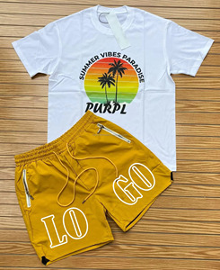 Ensemble deux pièces d'été sur mesure pour hommes, t-shirts à manches courtes et shorts, motif uni, 100% coton, séchage rapide - Product Image 5