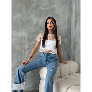 Camiseta de Tul con Lentejuelas Topshow para Mujer - Blusa Elegante de Manga Corta con Detalles Brillantes - Product Image 3