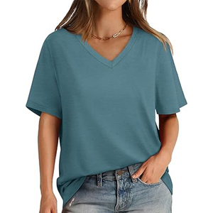 Venta al por mayor de camisetas de manga corta de color azul informal de verano para mujer, decoración bordada, estilo de lona transpirable con cuello en V - Product Image 1
