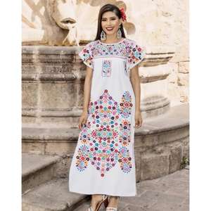 Women Black Floral Embroidered 100% Cotton Natural <b>Waist</b> Washable Maxi <b>Dress</b> Mexican Folk Style Short Sleeve Ethnic Loose Fit - Product Image 2