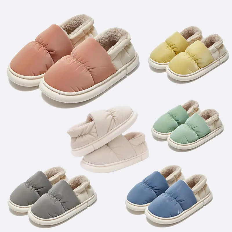 Unisex Autumn Winter Slippers with Waterproof Surface Cotton Indoor Fuzzy Plushes Fleece Lining Comfortable House Shoes