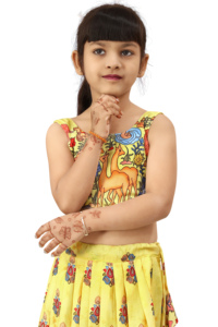 Ensemble Chaniya Choli pour filles, vêtements traditionnels pour enfants, mode Shoryam, imprimé animal jaune, mélange de coton, art populaire indien, Lehenga de fête - Product Image 5