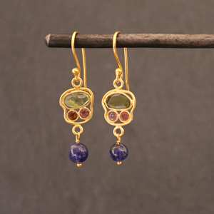 Pendientes Clásicos Hechos a Mano de Plata de Ley 925 Chapados en Oro con Turmalinas Facetadas Rosa y Verde, Lapislázuli, para Mujer, Boda, Fiesta - Product Image 3